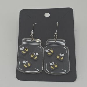 Clear Bumble Bee Jar Hook Earrings HypoAllergenic Handmade See Through w/ Bees